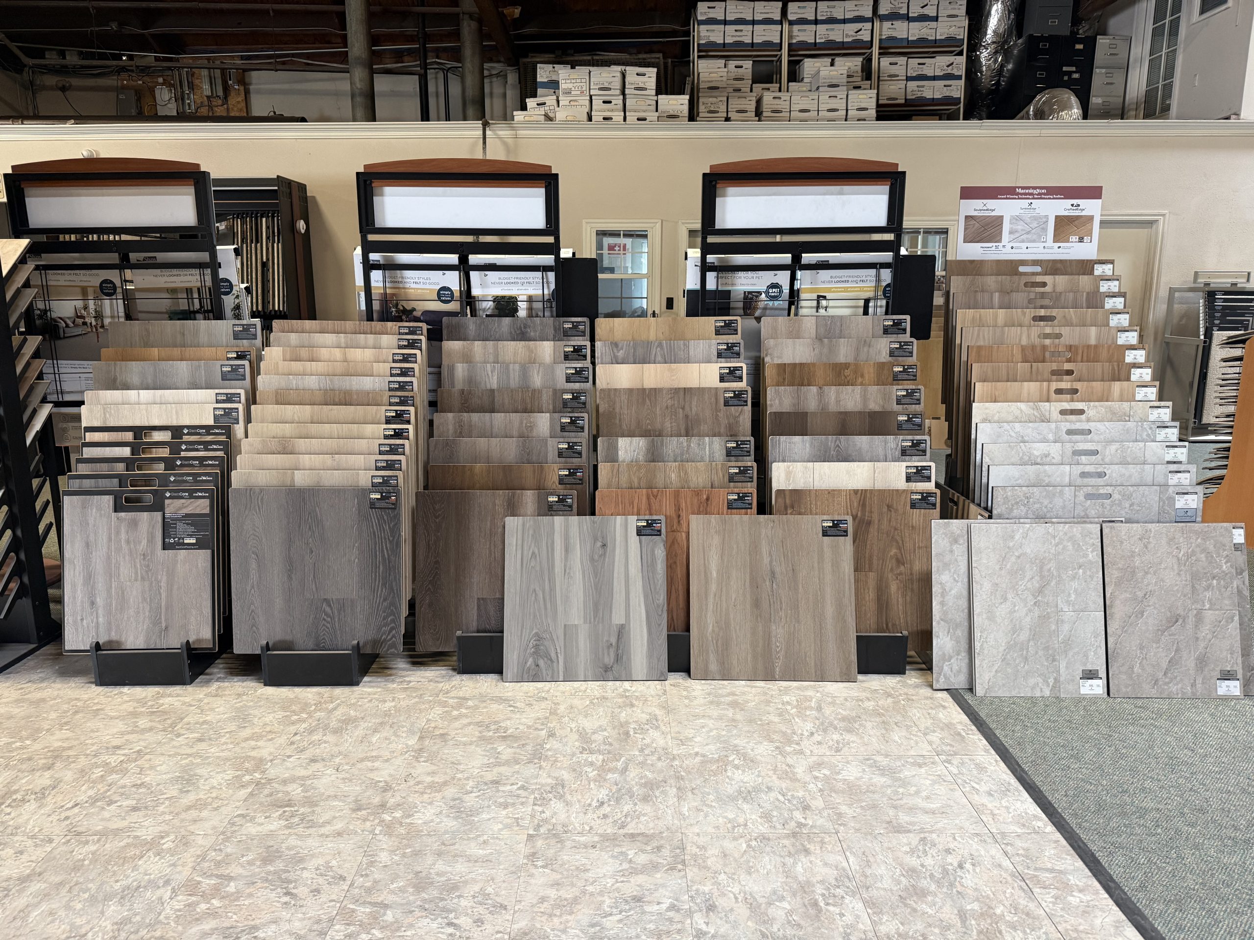 Luxury vinyl plank and tile showroom display at Bay Area Contract Carpets in Oakland